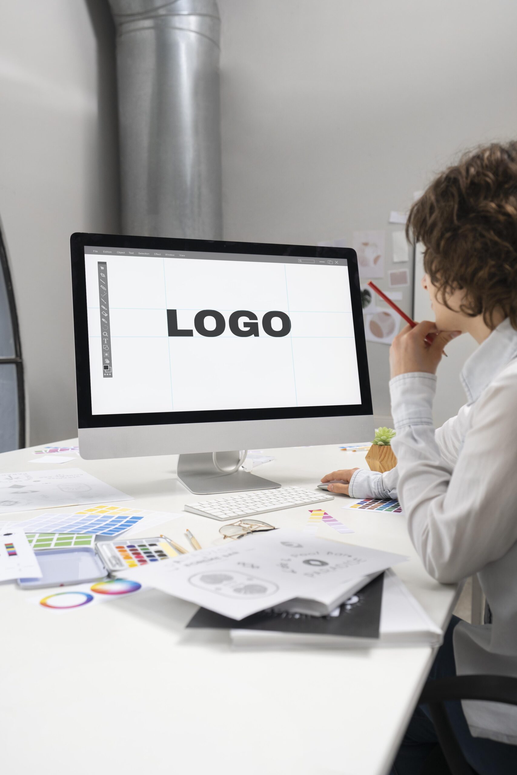 logo designer working computer desktop